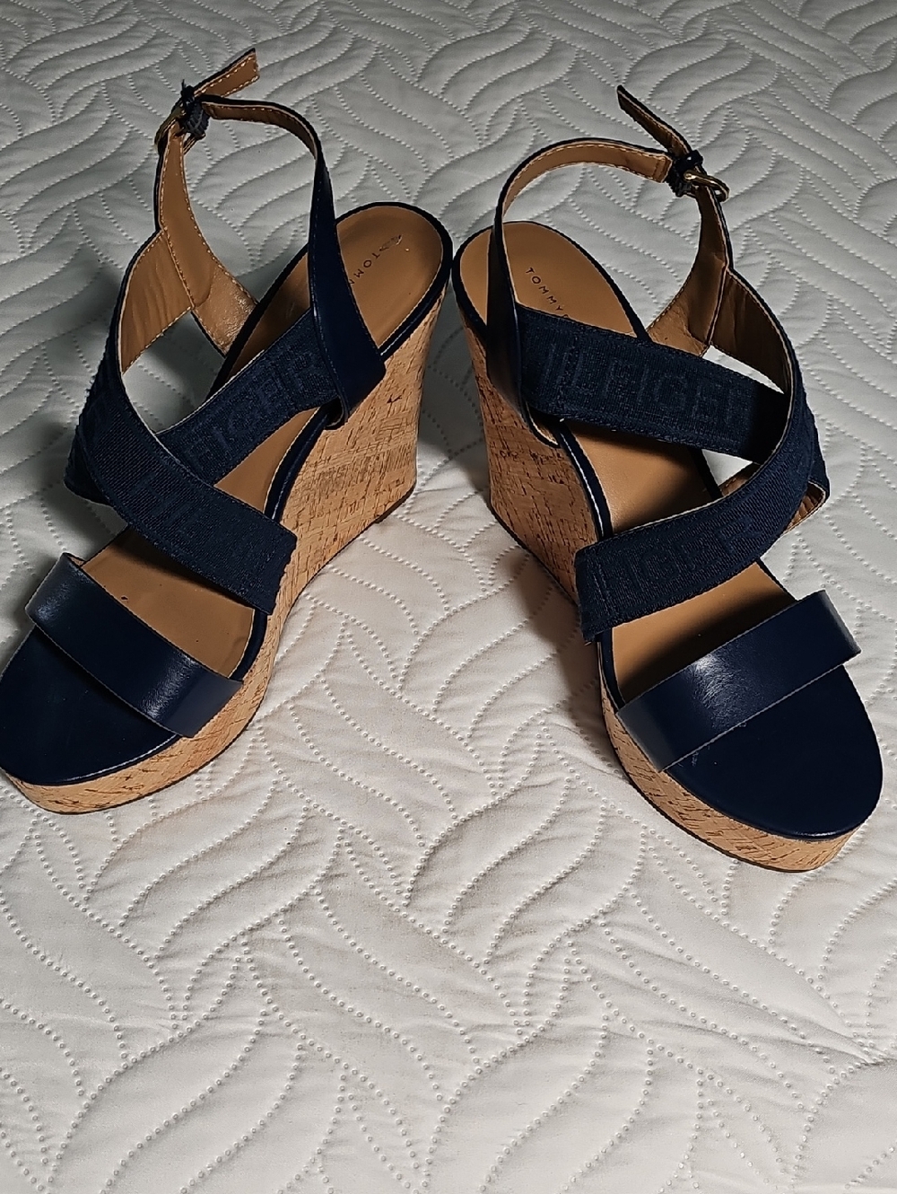 Tommy Hilfiger Sz10 Navy Cork Platform Wedge Sandals